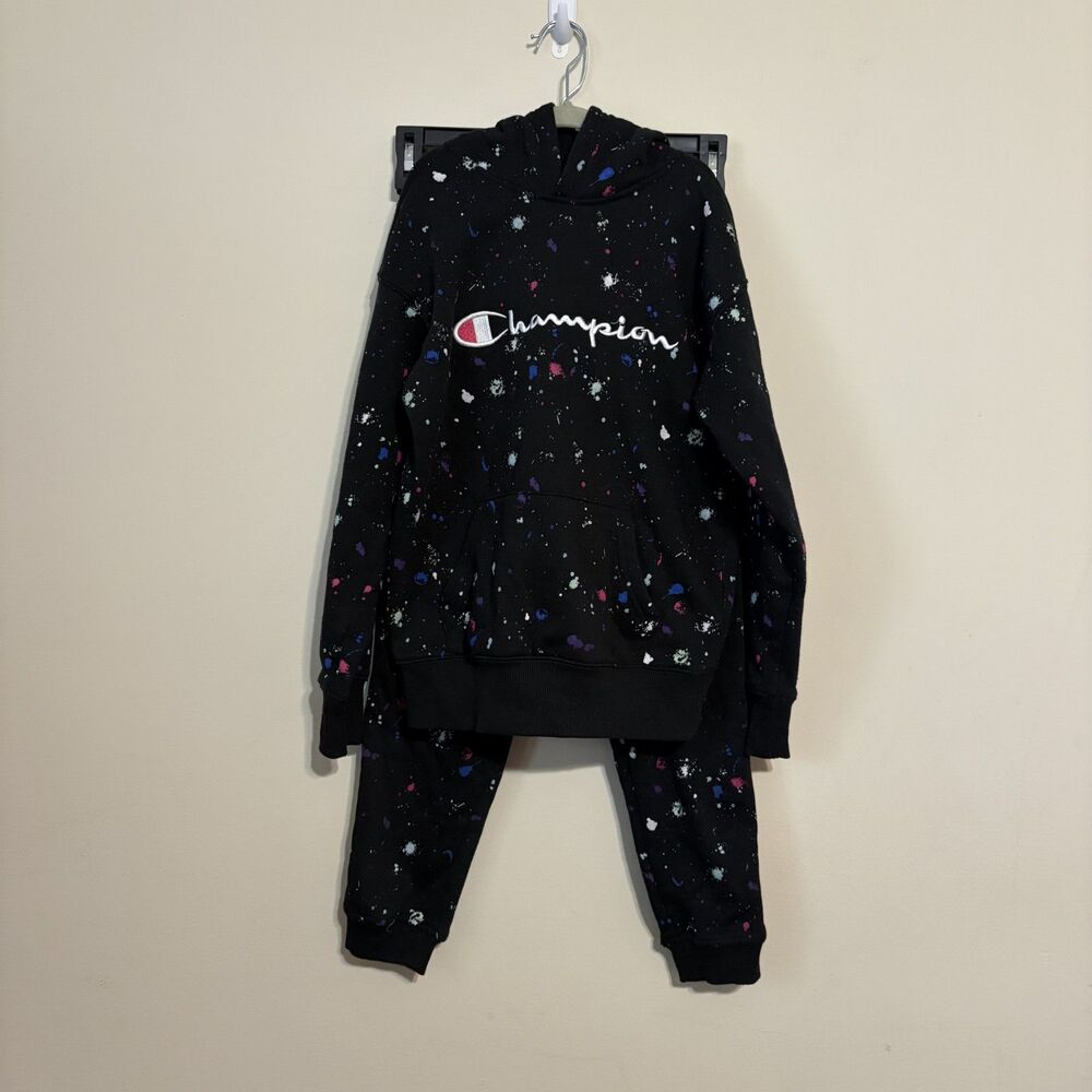 Champion Jogger Set Yth Sm Black paint splatter Kangaroo pocket drawstring pant